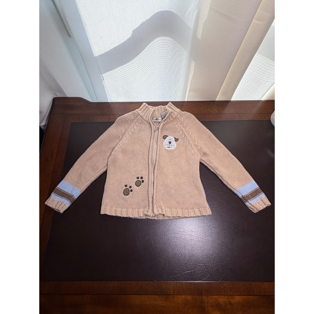 Harry & Me Boys Tan Cotton Knit Dog Full Zip Sweater 5T Mock Neck Top Dog